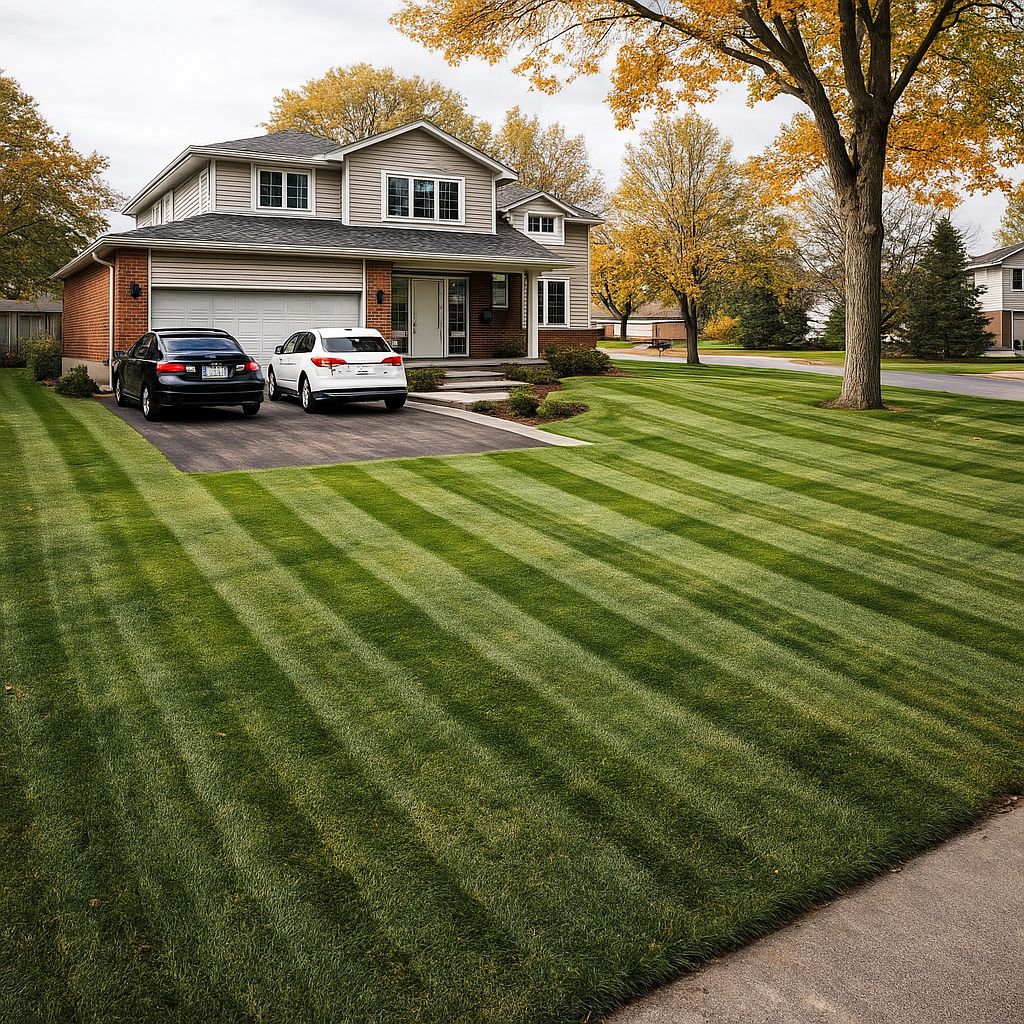 Freshly cut lawn in front of building